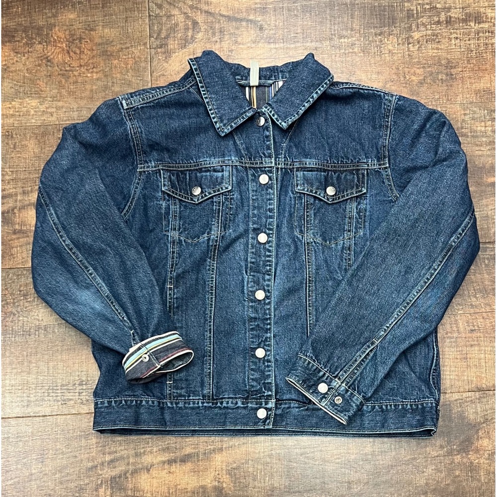 Hanna Andersson Womens Denim Jacket Blue Jean Coat Size Large Striped Lining